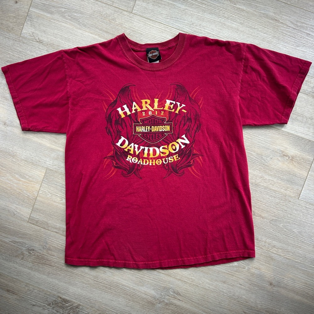 Harley Davidson Roadhouse T Shirt Mens XL Red 2012 Graphic Short Sleeve Cotton